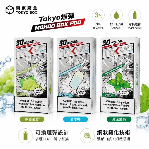東京魔盒-Mohoo-煙彈-東京魔盒煙彈現貨-1.webp TOKYO MOHOO BOX 東京魔盒 10000口替換煙彈 12mL 1.0Ω鋼網棉芯 涼度可選 魔盒主機專用 44種口味現貨:圖片 1